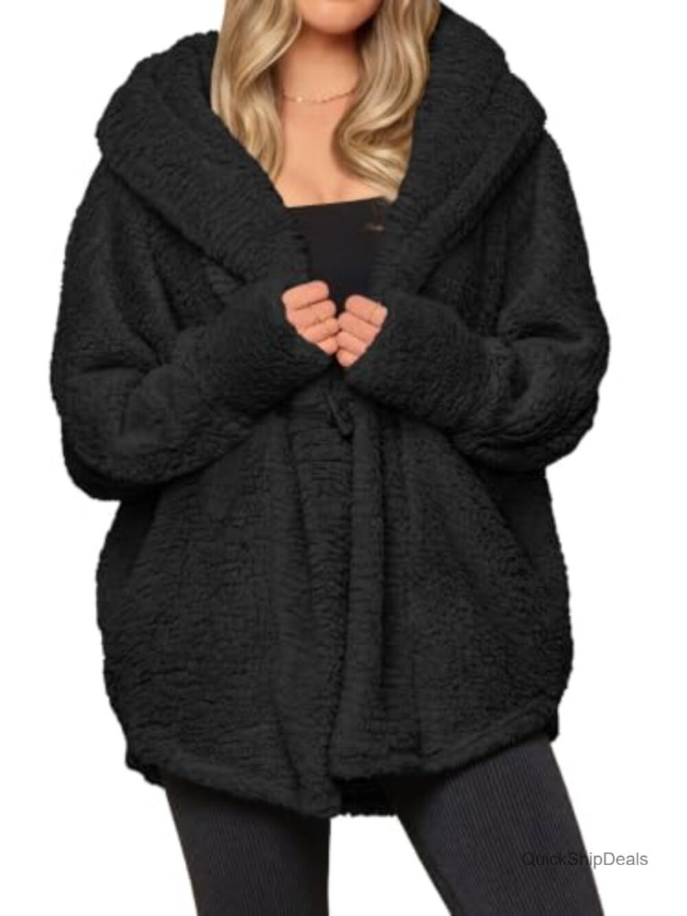 Sherpa Fleece Hooded Faux Fur Coat Thumb Hole Pockets Women